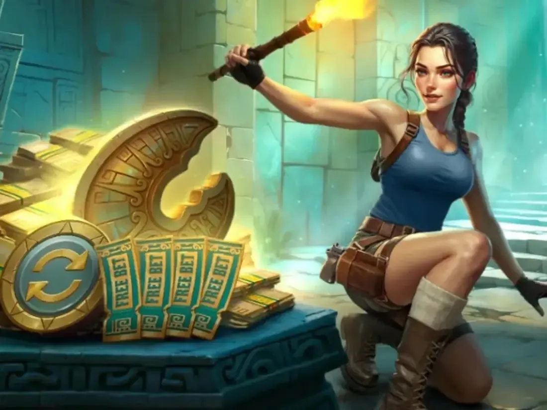 Lara Croft-like character holding a torch in front of a treasure chest, with free bet tickets and a symbol for Larabet Casino.