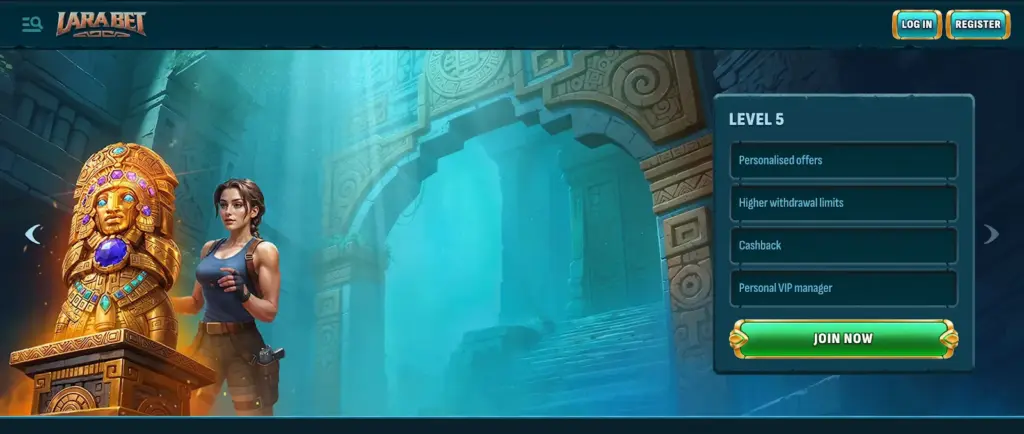 LaraBet VIP perks banner featuring female character and treasure statue