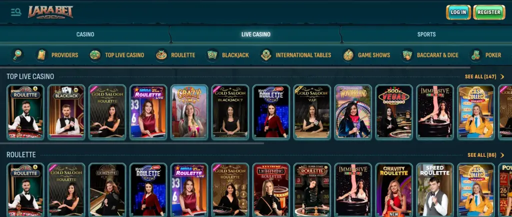 Larabet casino's live casino section with various games like Speed Roulette and Blackjack.