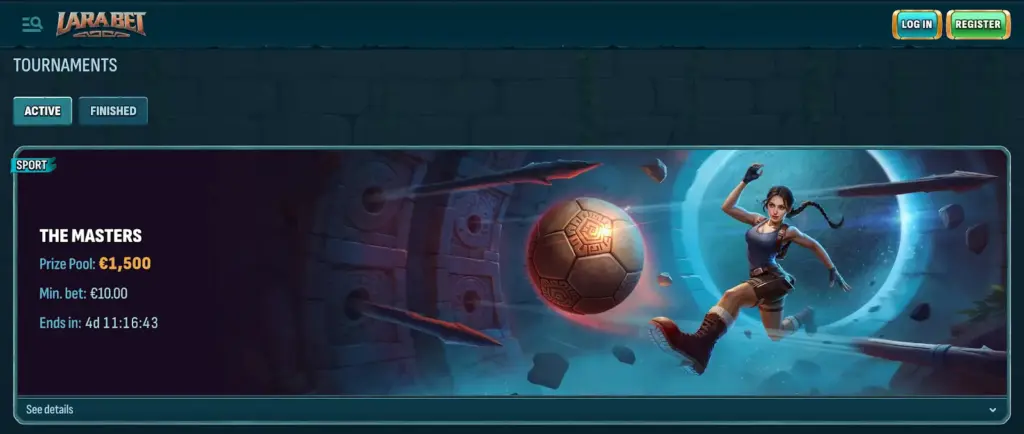 LaraBet active tournament banner featuring jungle adventurer and ancient sports ball.