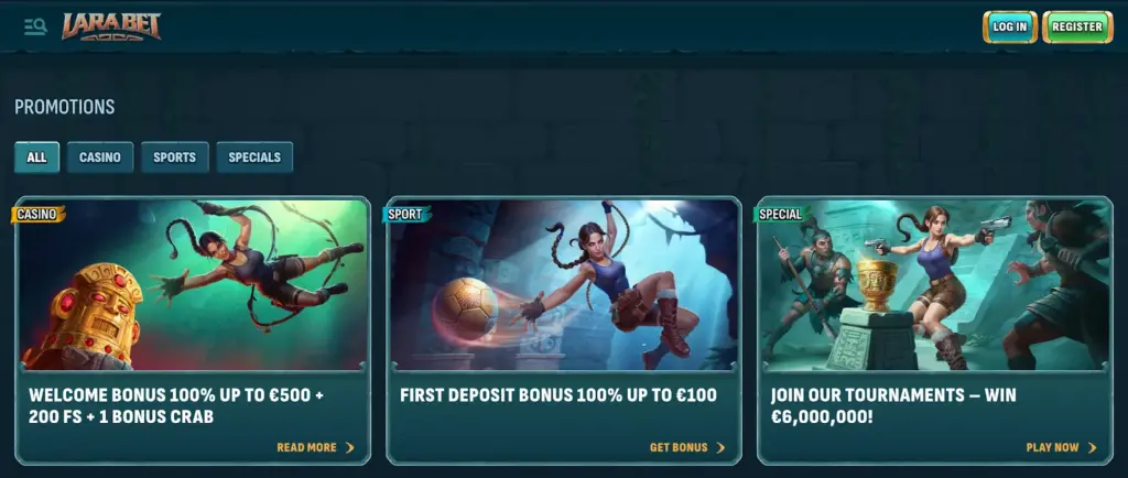 Larabet casino promotions showcasing welcome bonuses, first deposit bonuses, and special tournament offers.