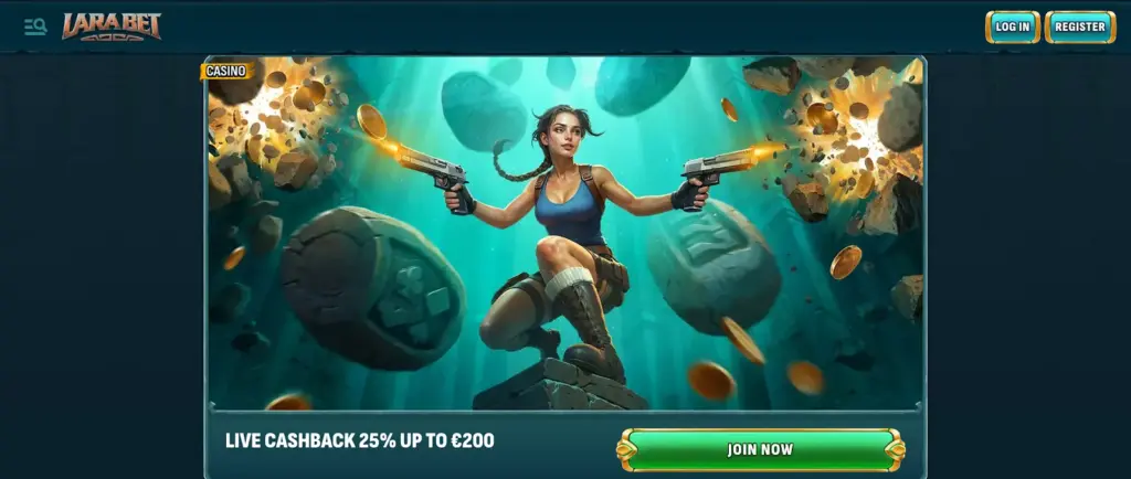 LaraBet live cashback bonus with female adventurer firing dual pistols.
