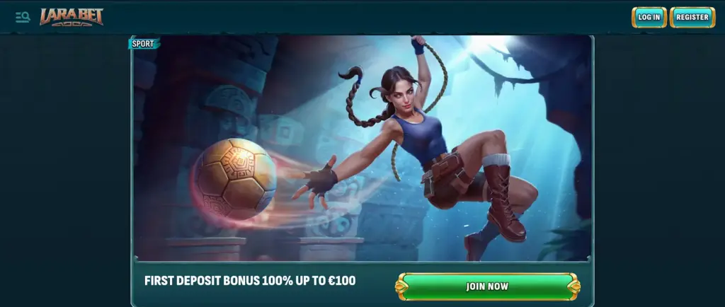 LaraBet sports bonus with female explorer kicking glowing ancient soccer ball.