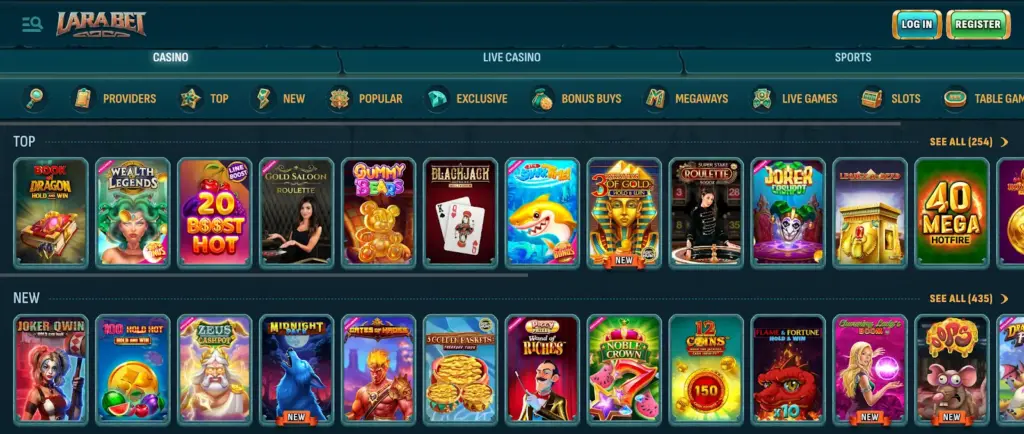 Larabet's top casino games, including slots and roulette, with various themes and offers.