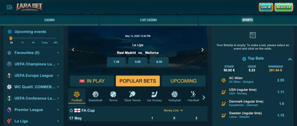 Upcoming sports events and betting options on Larabet casino, with a focus on La Liga match between Real Madrid and Mallorca.