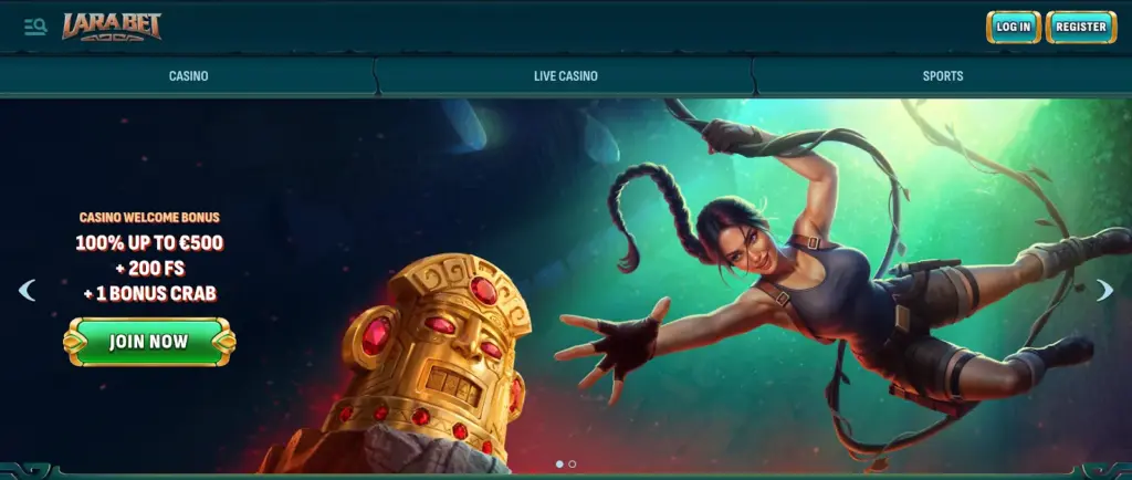 LaraBet casino welcome bonus with female explorer reaching for golden idol.