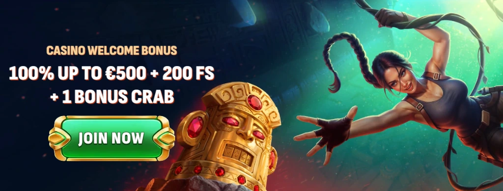 Image of Larabet Casino welcome bonus featuring 100% up to €500 + 200 FS + 1 Bonus Crab, with a "Join Now" button.