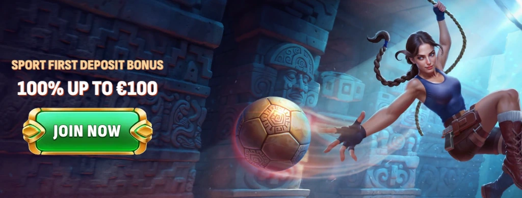 Image of Larabet Casino sports first deposit bonus featuring 100% up to €100, with a "Join Now" button.