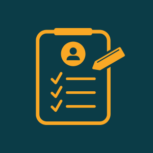 Yellow checklist on a clipboard with user icon and pencil on a dark teal background