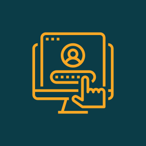 Yellow computer screen with login form, user icon, and a clicking hand on a dark teal background