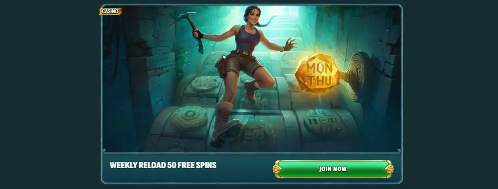 Image of Larabet Casino weekly reload bonus featuring 50 free spins, with a "Join Now" button.