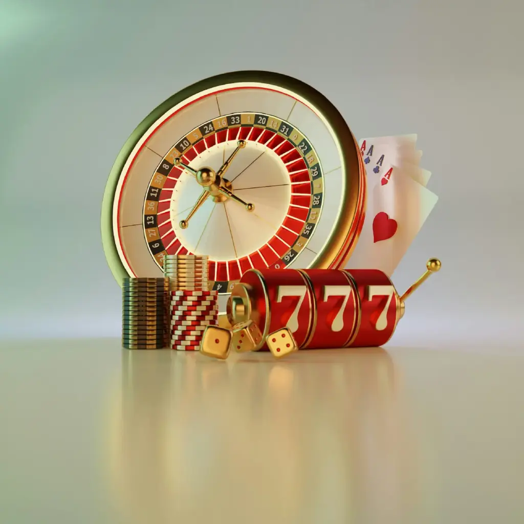 A roulette wheel, casino chips, dice, slot machine, and playing cards